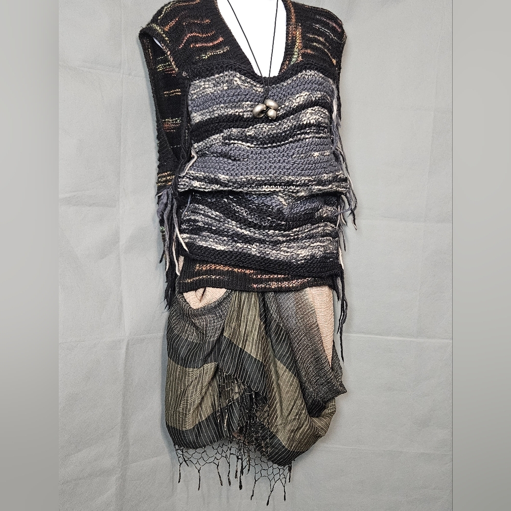 Upcycled draped ombre striped cowl skirt with fringe